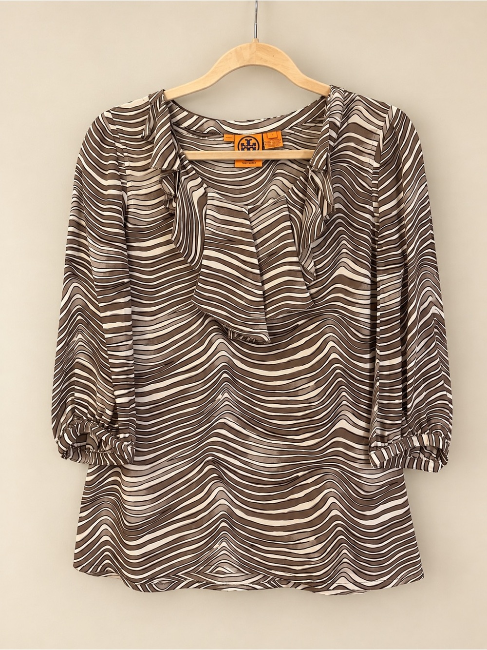 Tory Burch Brown and Cream Wave-Print Ruffle-Neck Blouse